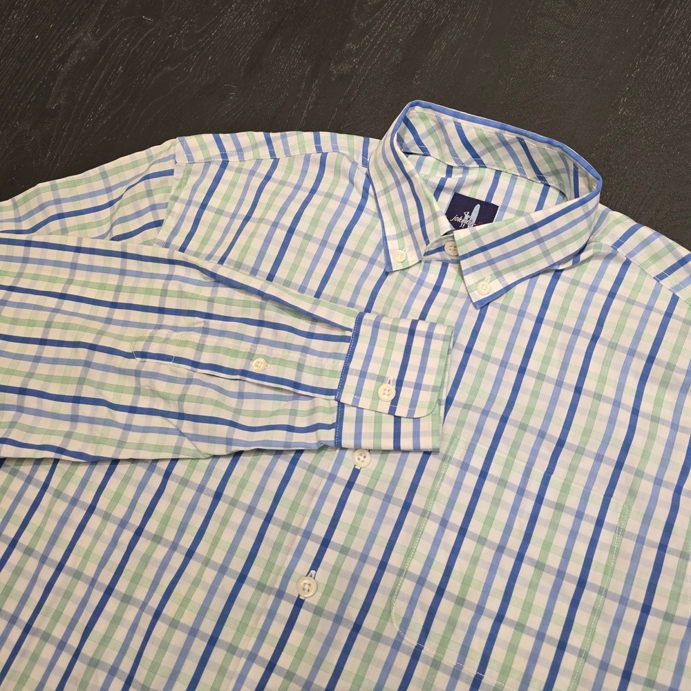 Johnnie-O Prep-Formance Mens Small Blue Green Plaid Button Down Shirt‎ Bamboo S